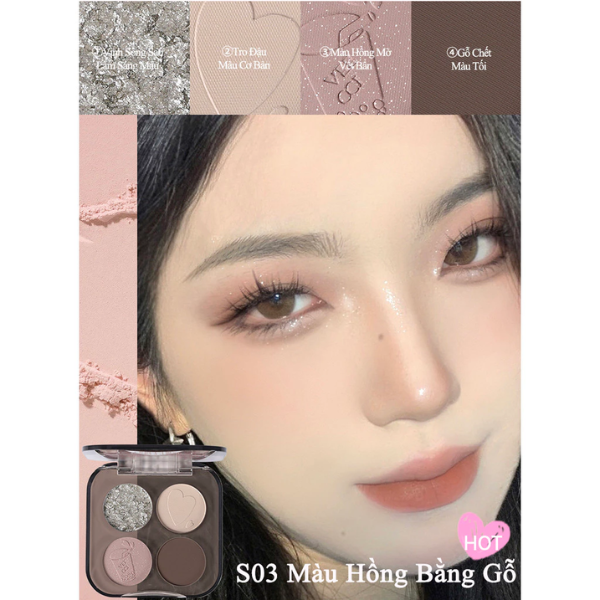 VEECCI Bảng Phấn Mắt Bốn Màu Sắc Hiệu Ứng Lì Ánh Nhũ Chống Nhòe Thời Trang VC005