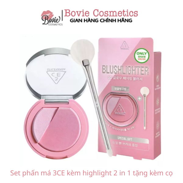 Set phấn má 3CE kèm highlight 2 in 1 tặng kèm cọ