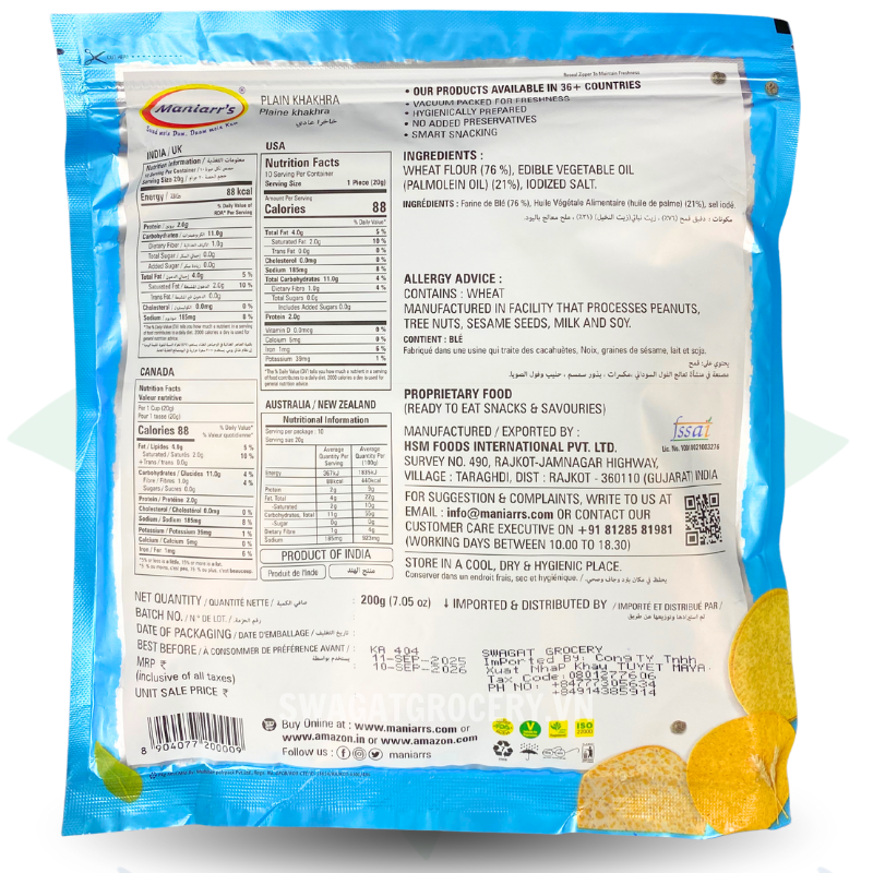 Bánh đa MANIARR'S PLAIN KHAKHRA 200GR