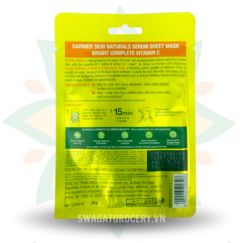 Mặt Nạ Tinh Chất Vitamin C - Garnier Skin Naturals Serum Sheet Mask Bright Complete Vitamin C 28g