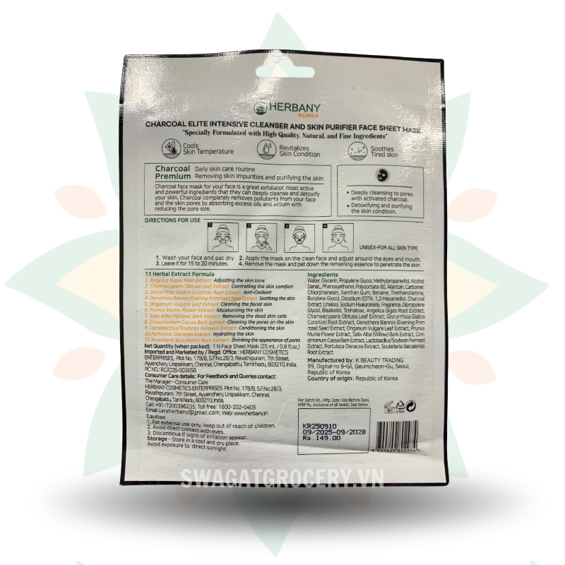 Mặt Nạ Than Hoạt Tính Herbany Korea Charcoal Elite Intensive Cleanser And Skin Purifier Face Sheet Mask