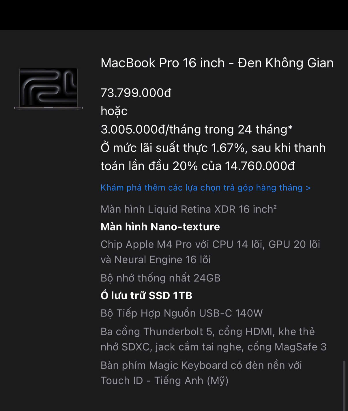 Macbook Pro 16-inch chip M4 Pro RAM 24GB SSD 1TB hình thức 99% pin 100% sạc 24l, care 11/12/2025