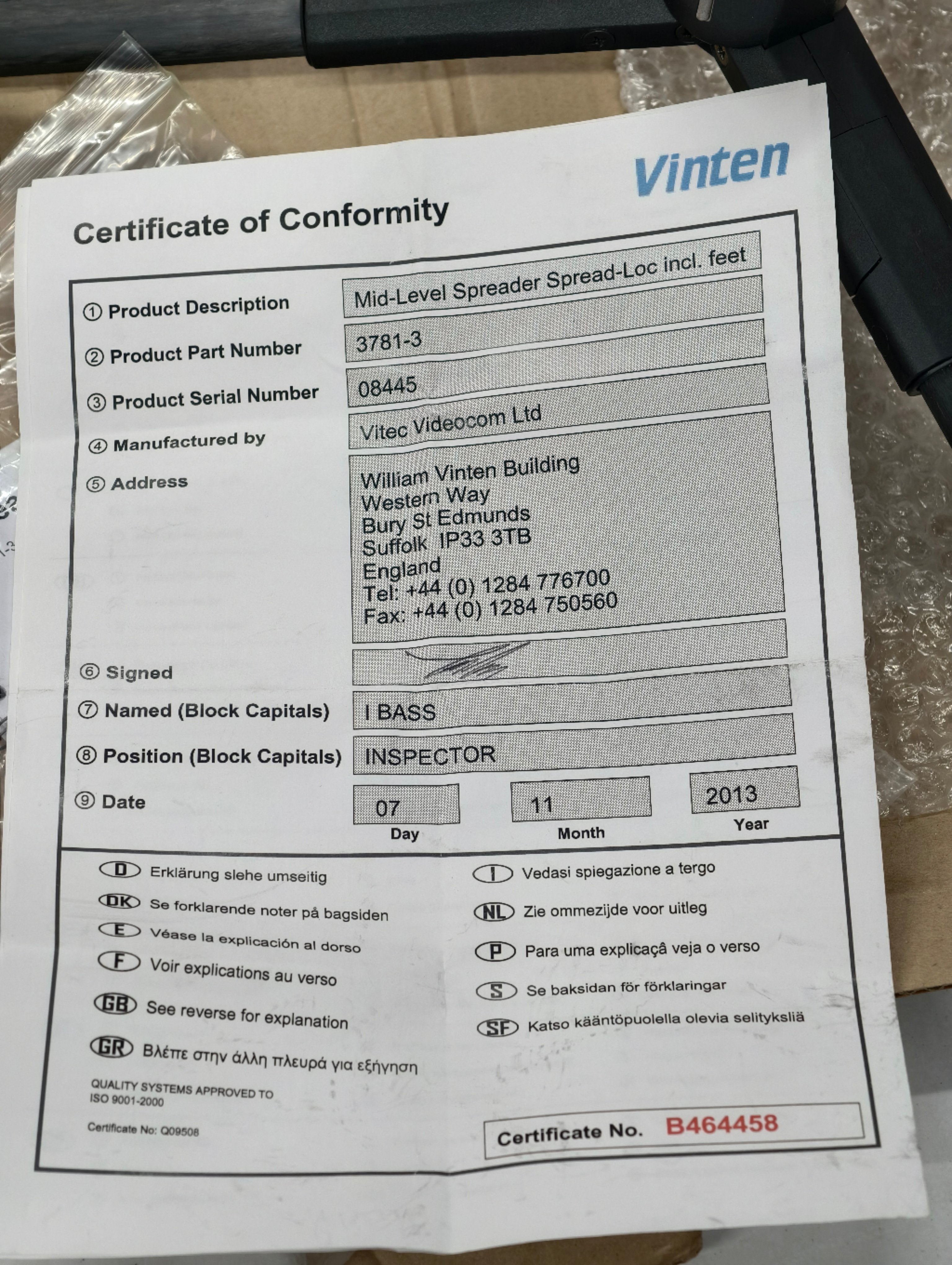 Vinten 3781-3 Spread-Loc Mid-Level Spreader with Rubber Feet lướt