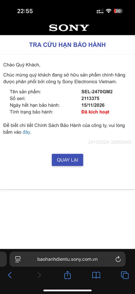 SEL-2470GM2 15/11/2026 fullbox thân vỏ đẹp, kính trầy nano