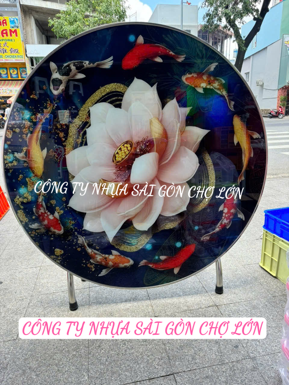 [hoả tốc] Bàn tròn 1m2 mặt kính cường lực hoa văn hoa sen cá chép (inox 304)🌺