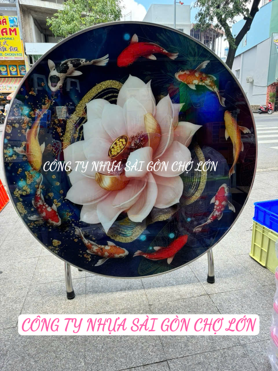[hoả tốc] Bàn tròn 1m2 mặt kính cường lực hoa văn hoa sen cá chép (inox 304)🌺
