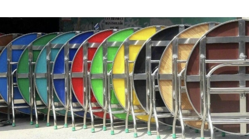 Bàn tròn inox mặt kính cường lực Cá  ba đuôi và Hoa (inox 304)