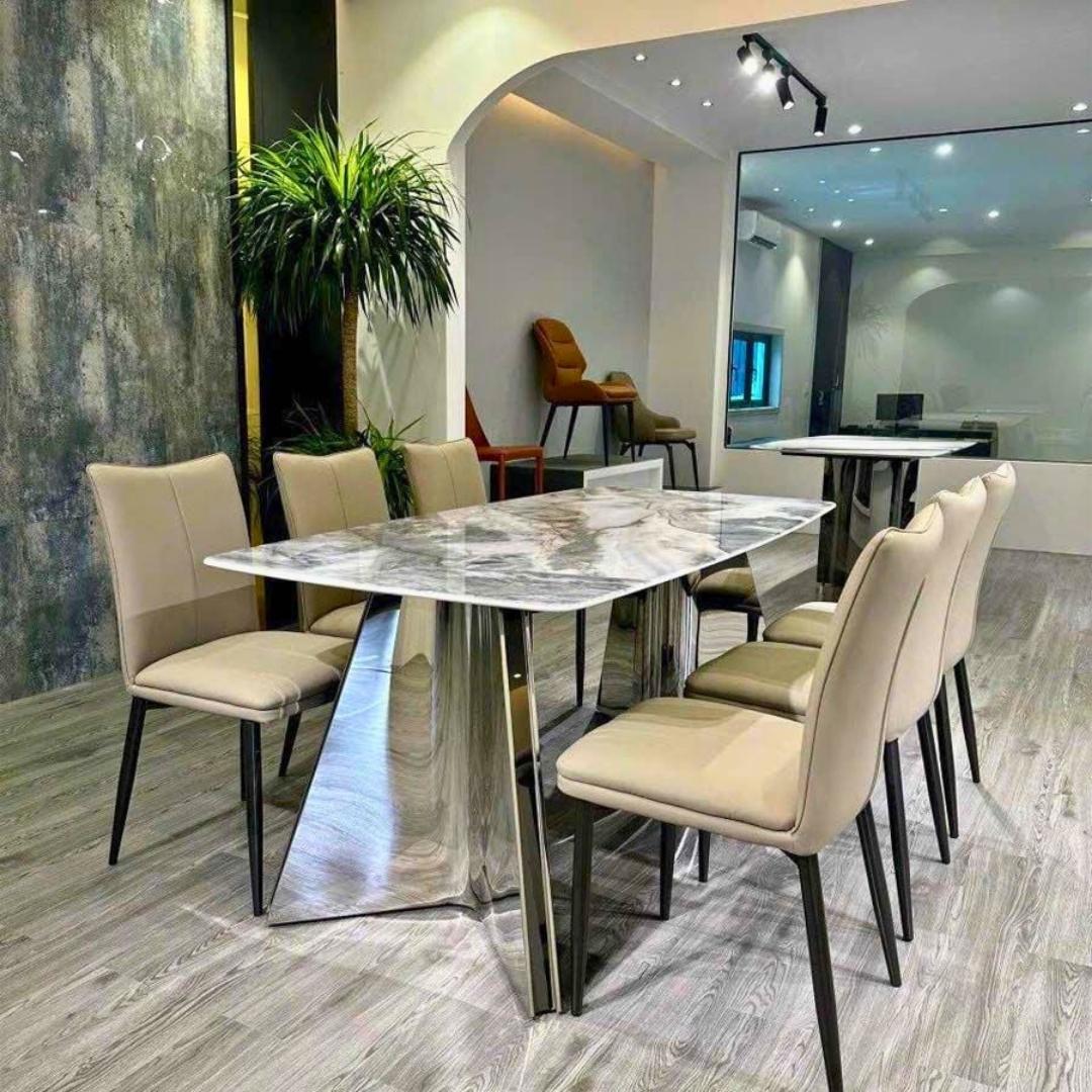 Bàn ăn inox Champagne mặt đá vi tinh thể 