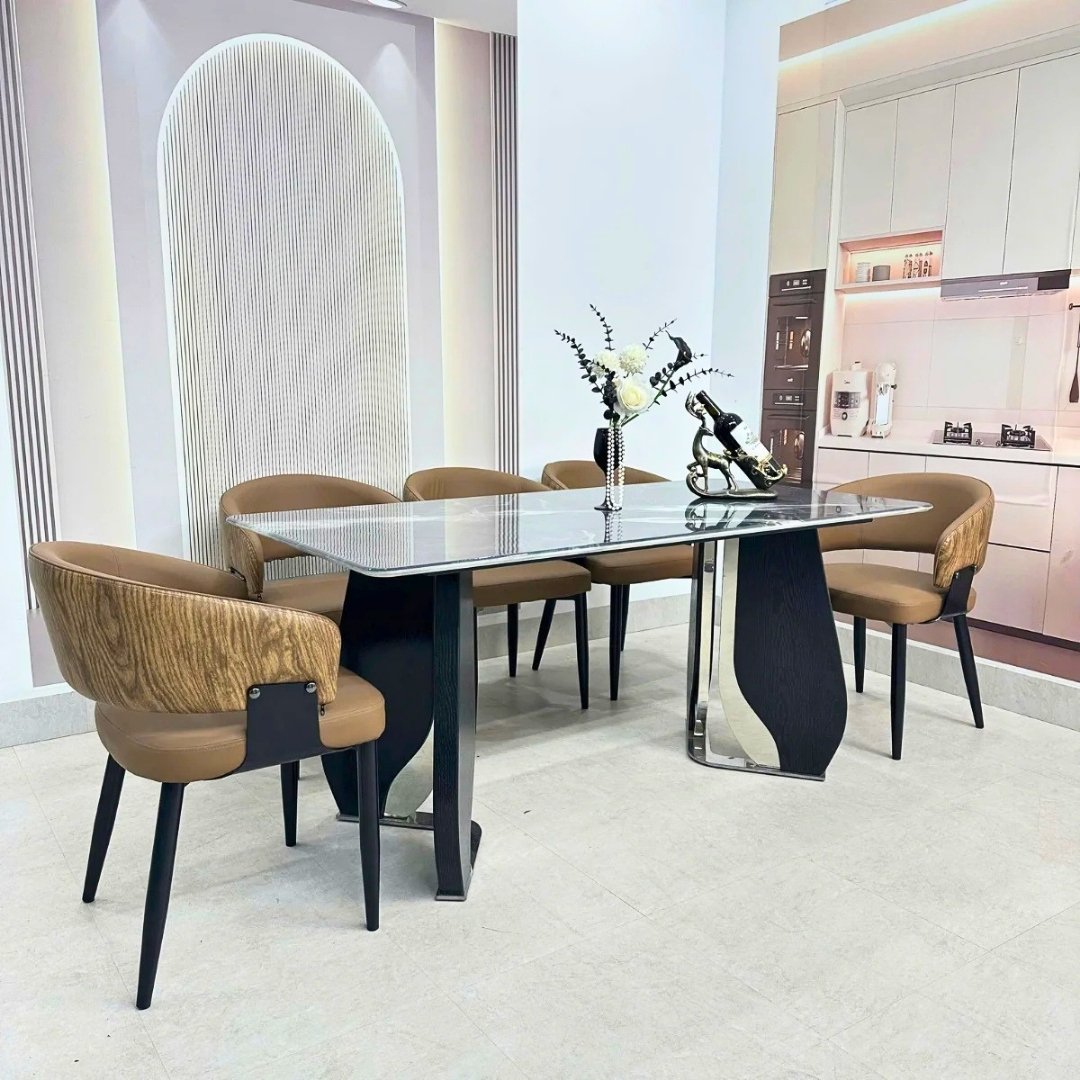 Bàn ăn Isabella mặt đá thạch anh vi tinh thể xuyên sáng cao cấp cho phòng ăn hiện đại. 