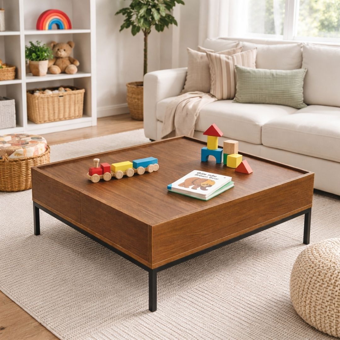 Bàn Chơi Trẻ Em MDF Melamine 80x80x35cm Có Ngăn Kéo Lưu Trữ Chân Sắt Sơn Tĩnh Điện KN Home Decor