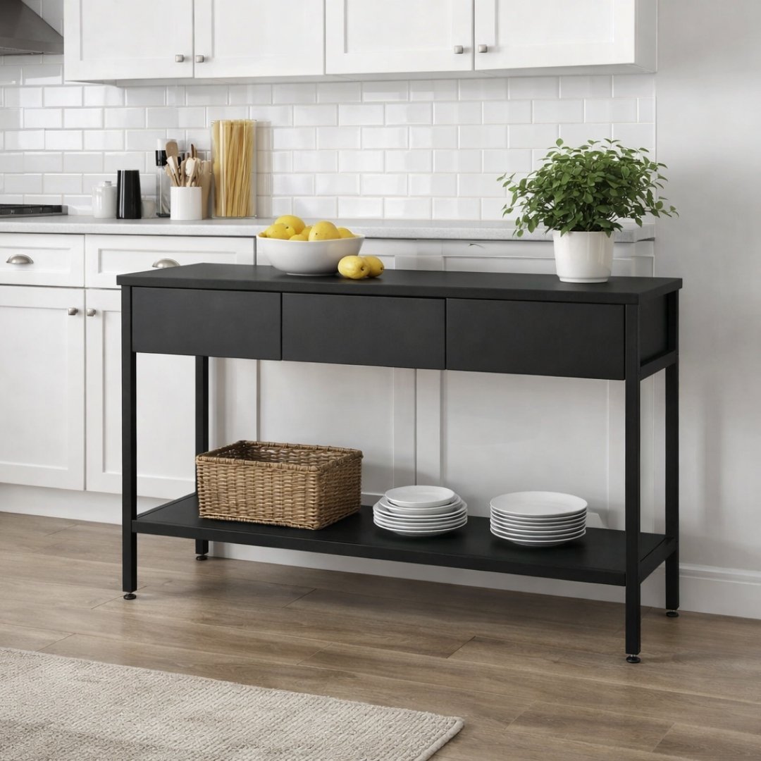 Bàn bếp có 3 ngăn kéo tiện lợi lưu trữ dụng cụ nấu ăn.