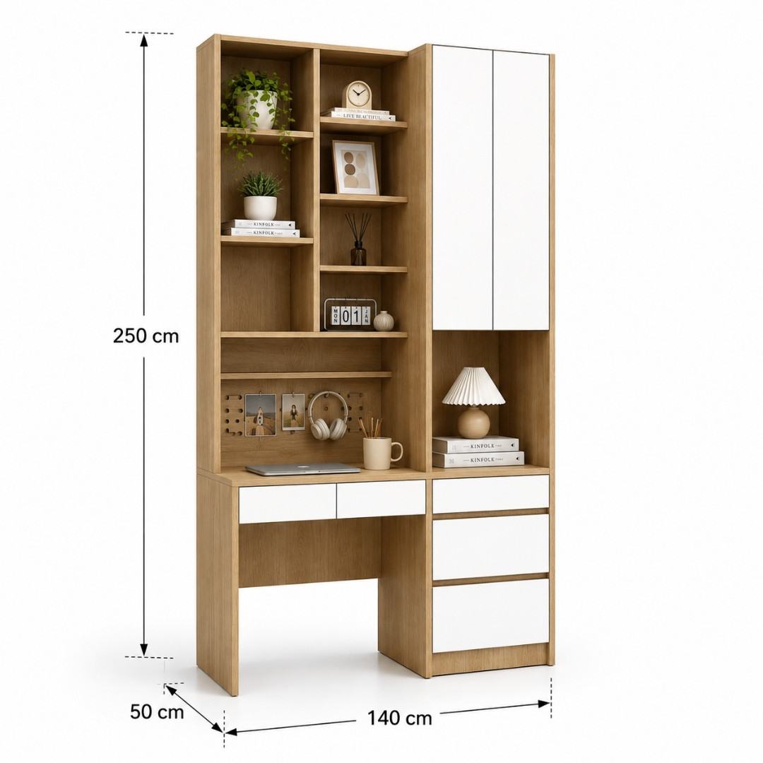 Bàn Học Kèm Giá Sách Và Tủ Lưu Trữ MDF Chống Ẩm 140x50x250cm KN-BHGS14050250