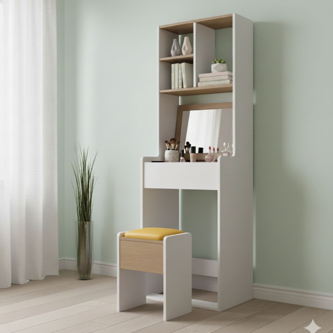 Bàn trang điểm MDF phủ Melamine có gương và ngăn để mỹ phẩm, thiết kế thanh lịch, thương hiệu KN Home Decor.