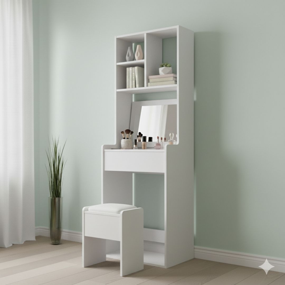 Bàn trang điểm MDF phủ Melamine có gương và ngăn để mỹ phẩm, thiết kế thanh lịch, thương hiệu KN Home Decor.