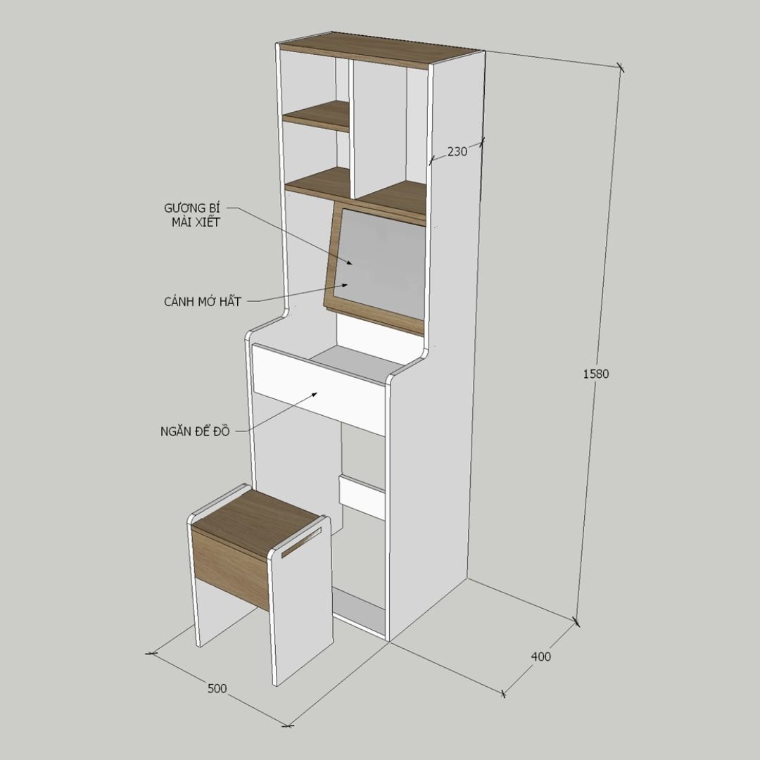 Bàn trang điểm MDF phủ Melamine có gương và ngăn để mỹ phẩm, thiết kế thanh lịch, thương hiệu KN Home Decor.