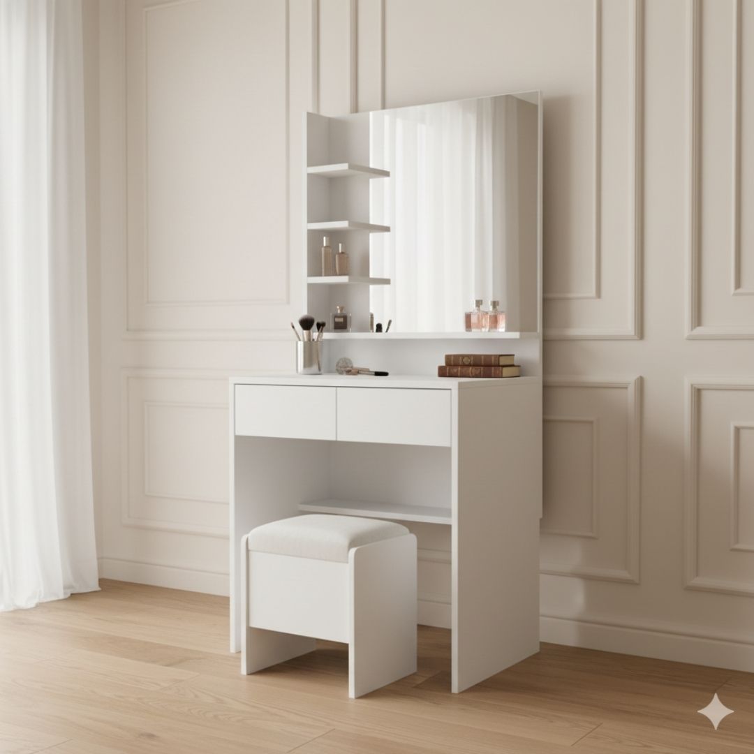 Bàn trang điểm MDF phủ Melamine có gương và ngăn kéo, thiết kế thanh lịch, thương hiệu KN Home Decor.