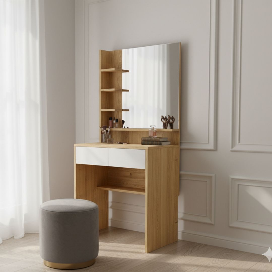 Bàn trang điểm MDF phủ Melamine có gương và ngăn kéo, thiết kế thanh lịch, thương hiệu KN Home Decor.