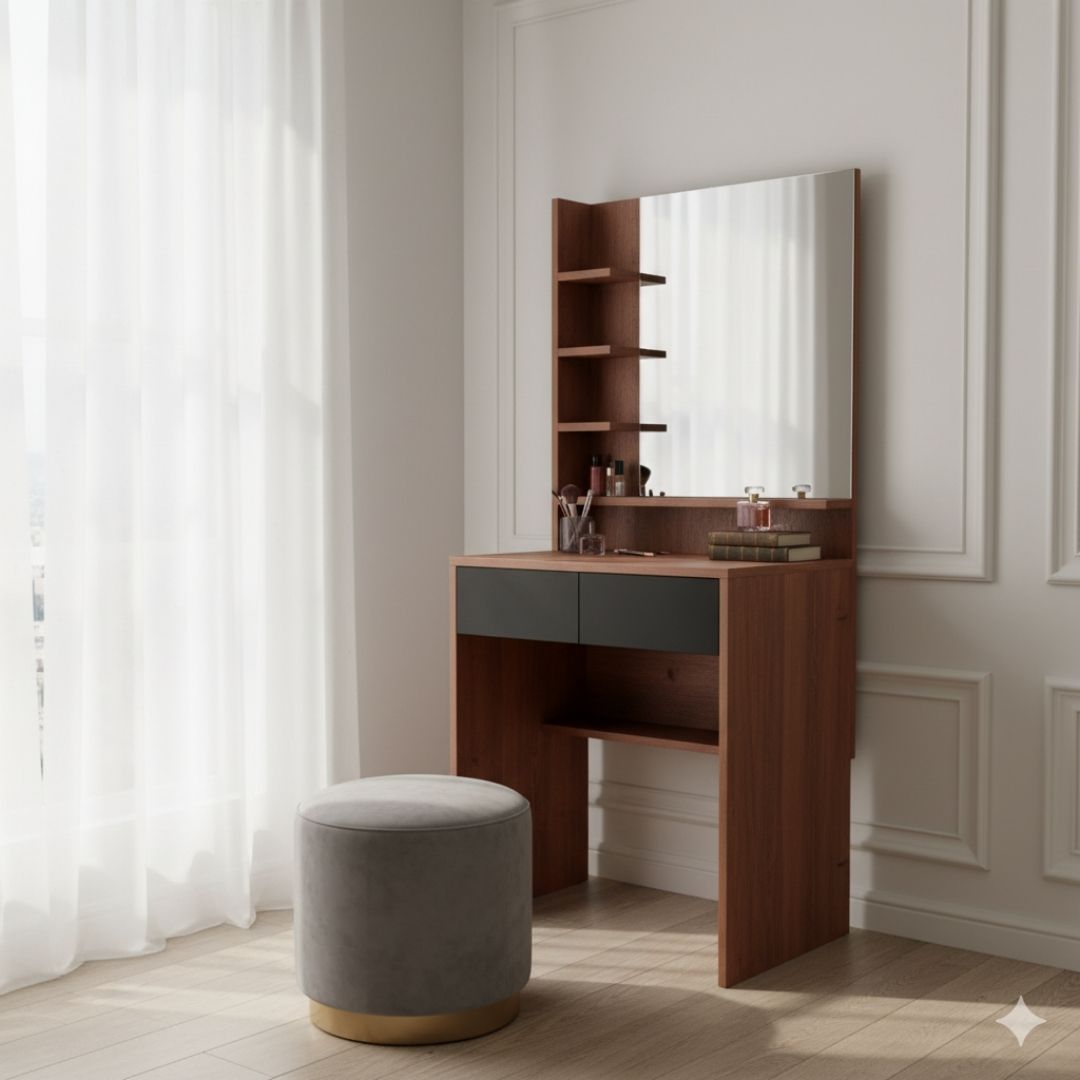 Bàn trang điểm MDF phủ Melamine có gương và ngăn kéo, thiết kế thanh lịch, thương hiệu KN Home Decor.