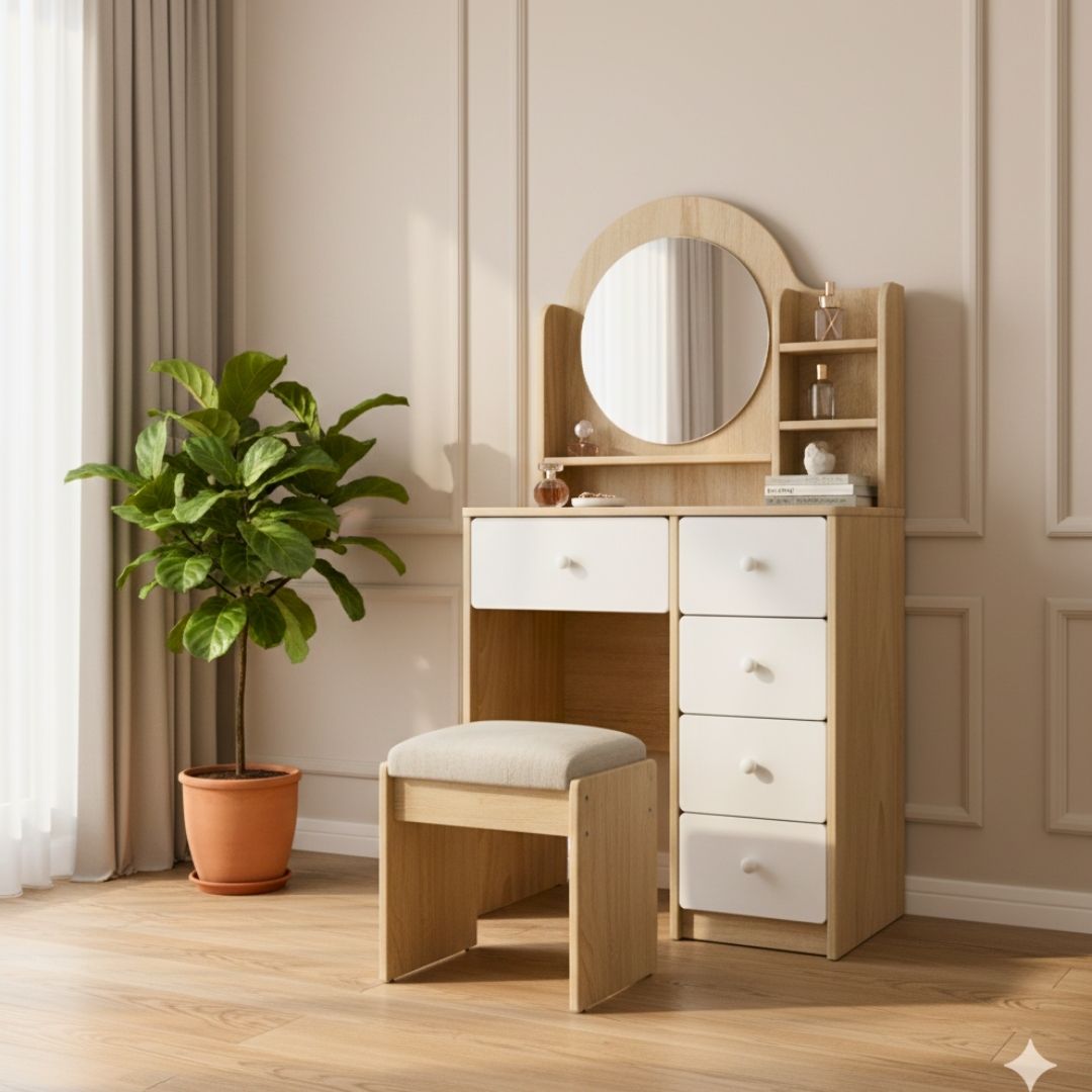 Bàn trang điểm MDF phủ Melamine có gương và ngăn kéo, thiết kế thanh lịch, thương hiệu KN Home Decor.