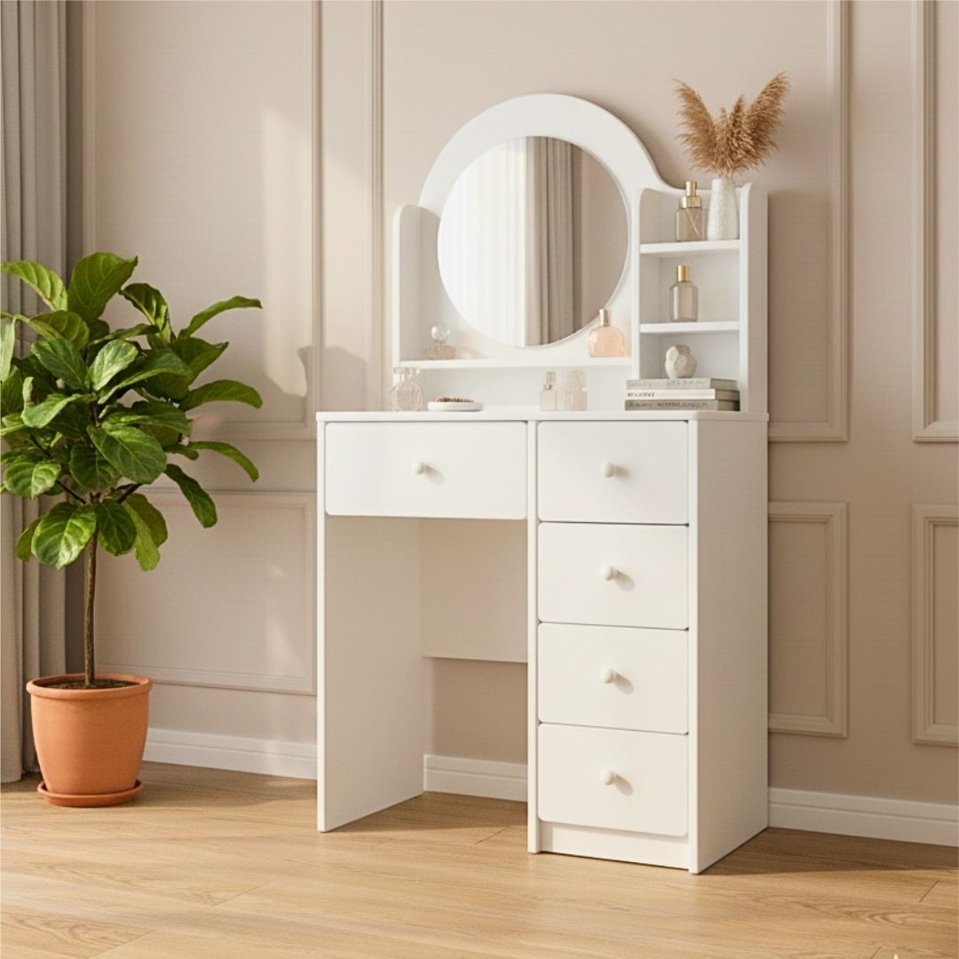 Bàn trang điểm MDF phủ Melamine có gương và ngăn kéo, thiết kế thanh lịch, thương hiệu KN Home Decor.