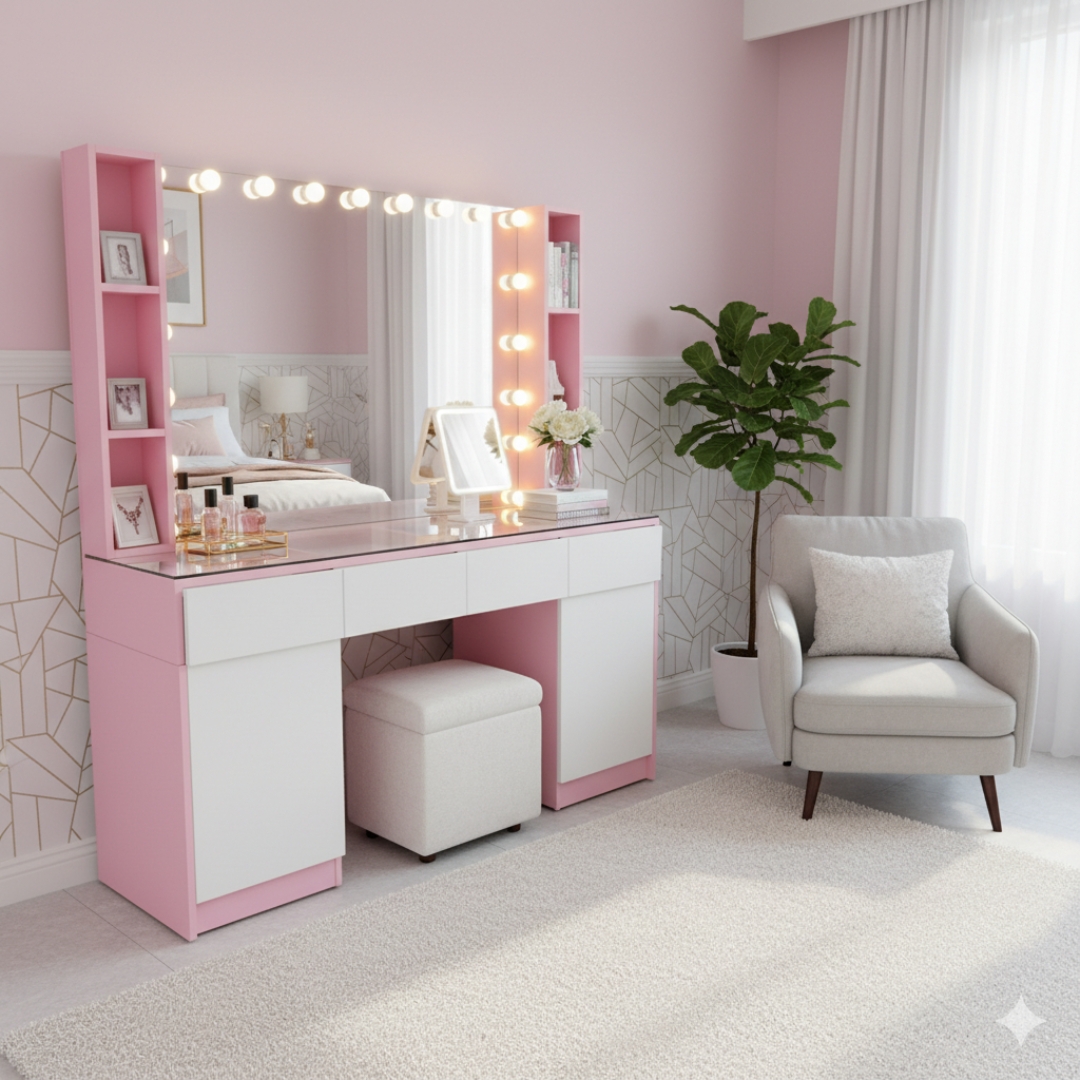 Bàn trang điểm MDF phủ Melamine có gương và ngăn để mỹ phẩm, thiết kế thanh lịch, thương hiệu KN Home Decor