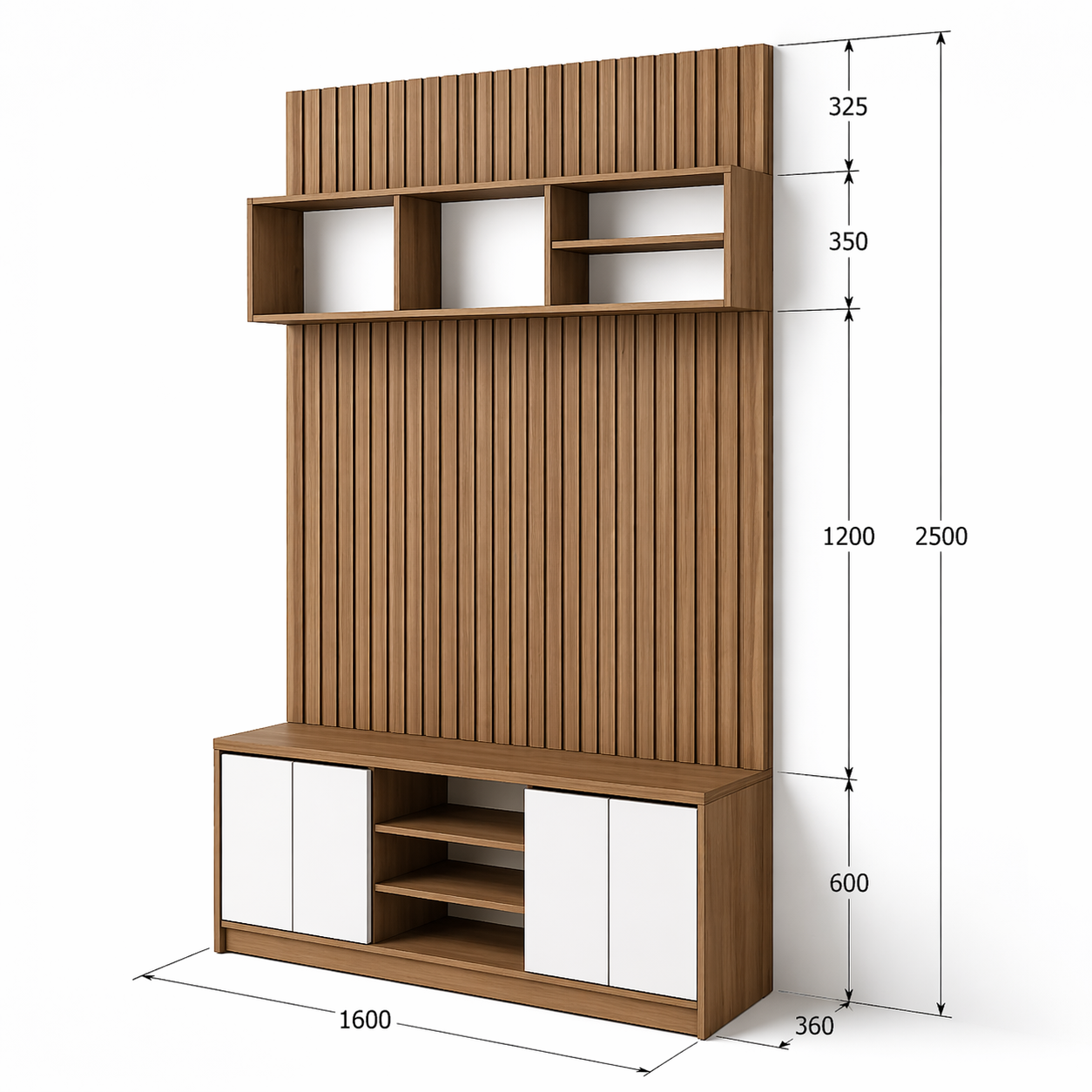 Kệ Tivi Vách Lam Trang Trí MDF Melamine 160x36x250cm Kết Hợp Tủ Lưu Trữ KN Home Decor