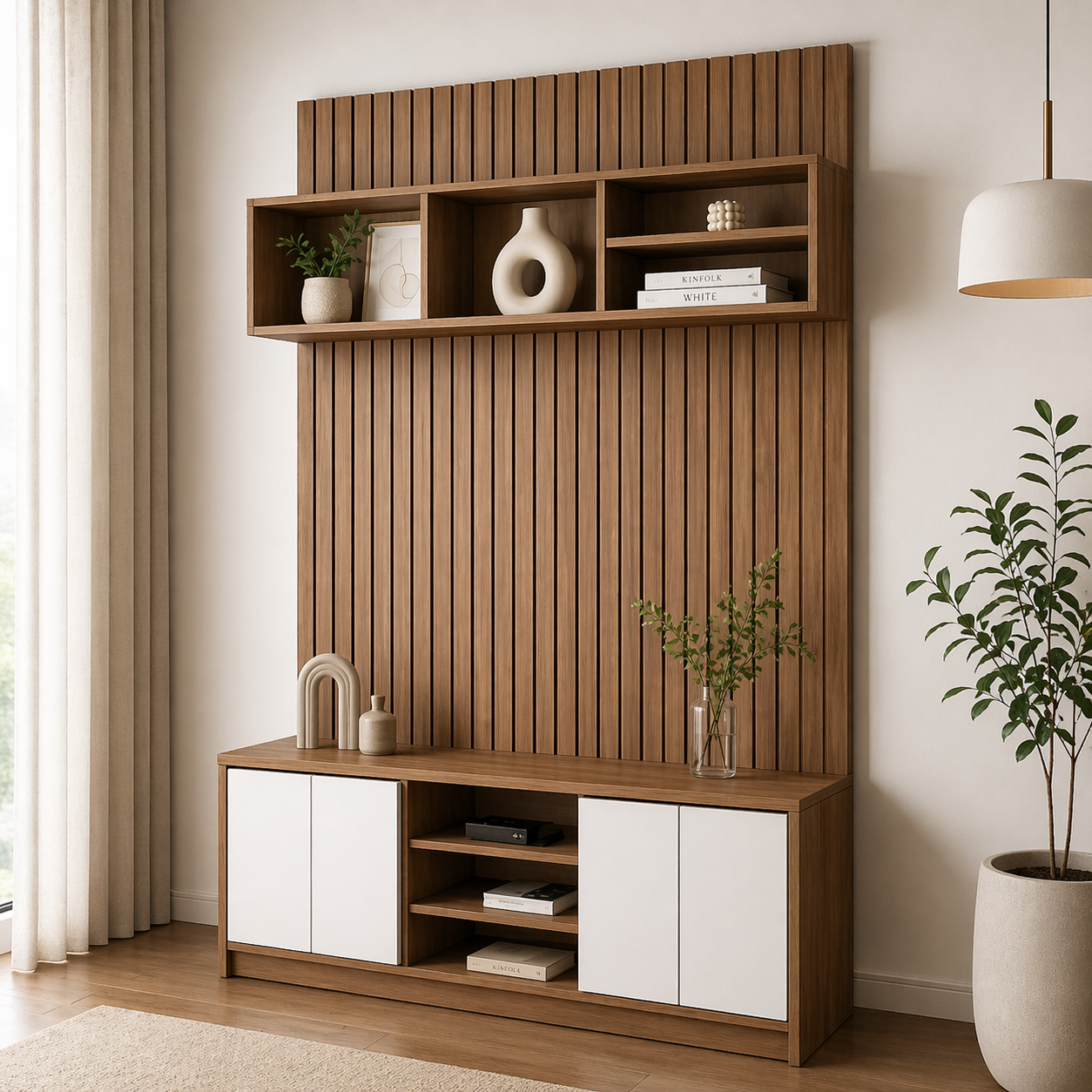 Kệ Tivi Vách Lam Trang Trí MDF Melamine 160x36x250cm Kết Hợp Tủ Lưu Trữ KN Home Decor