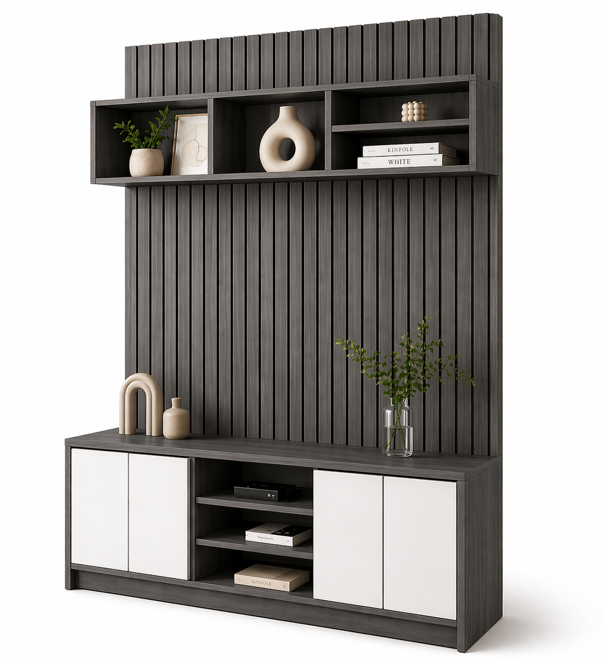 Kệ Tivi Vách Lam Trang Trí MDF Melamine 160x36x250cm Kết Hợp Tủ Lưu Trữ KN Home Decor