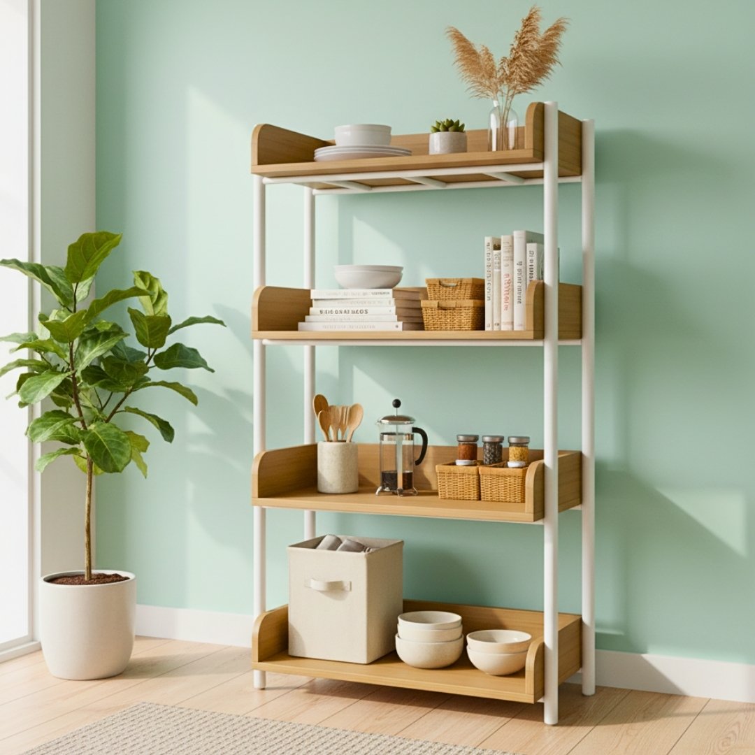 “Kệ để đồ đa năng 4 tầng bằng gỗ MDF phủ Melamine dày 17mm, kết hợp khung sắt sơn tĩnh điện chắc chắn, kích thước D71 x C125 x S35 cm, màu trắng, gỗ sồi vàng và vân gỗ xám – phong cách hiện đại, tối giản.”