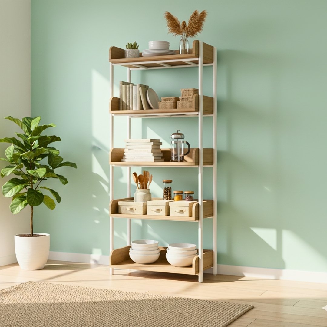“Kệ để đồ đa năng 3, 4, 5 tầng bằng gỗ MDF phủ Melamine dày 17mm, kết hợp khung sắt sơn tĩnh điện chắc chắn, kích thước D71 x C125 x S35 cm, màu trắng, gỗ sồi vàng và vân gỗ xám – phong cách hiện đại, tối giản.”