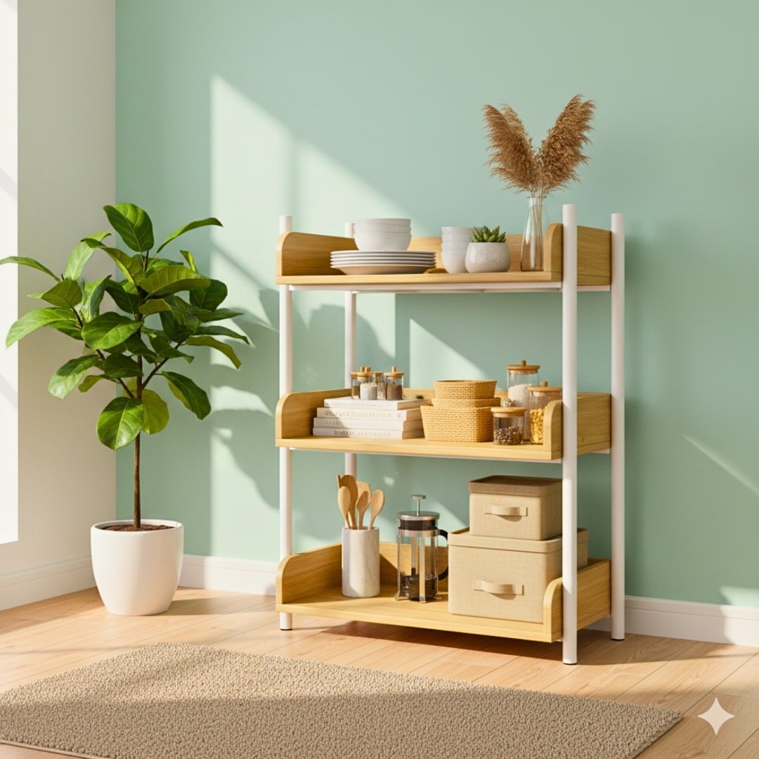 “Kệ để đồ đa năng 3, 4, 5 tầng bằng gỗ MDF phủ Melamine dày 17mm, kết hợp khung sắt sơn tĩnh điện chắc chắn, kích thước D71 x C125 x S35 cm, màu trắng, gỗ sồi vàng và vân gỗ xám – phong cách hiện đại, tối giản.”