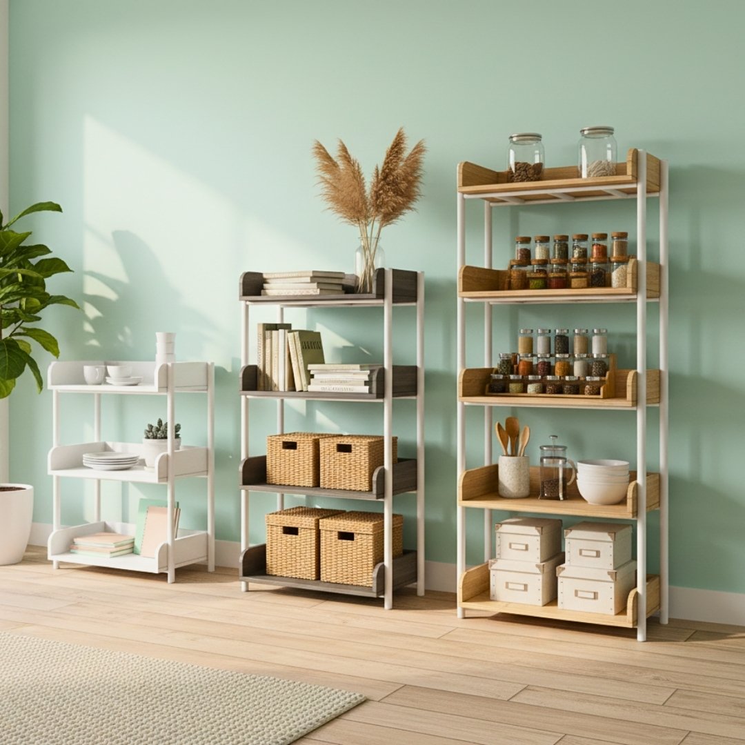 “Kệ để đồ đa năng 3, 4, 5 tầng bằng gỗ MDF phủ Melamine dày 17mm, kết hợp khung sắt sơn tĩnh điện chắc chắn, kích thước D71 x C125 x S35 cm, màu trắng, gỗ sồi vàng và vân gỗ xám – phong cách hiện đại, tối giản.”