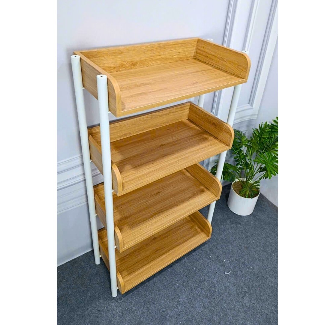 “Kệ để đồ đa năng 3, 4, 5 tầng bằng gỗ MDF phủ Melamine dày 17mm, kết hợp khung sắt sơn tĩnh điện chắc chắn, kích thước D71 x C125 x S35 cm, màu trắng, gỗ sồi vàng và vân gỗ xám – phong cách hiện đại, tối giản.”
