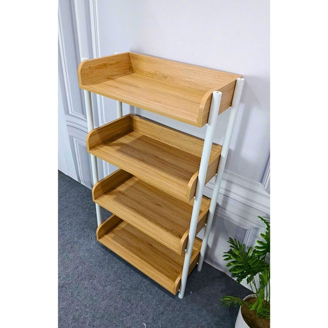 “Kệ để đồ đa năng 3, 4, 5 tầng bằng gỗ MDF phủ Melamine dày 17mm, kết hợp khung sắt sơn tĩnh điện chắc chắn, kích thước D71 x C125 x S35 cm, màu trắng, gỗ sồi vàng và vân gỗ xám – phong cách hiện đại, tối giản.”