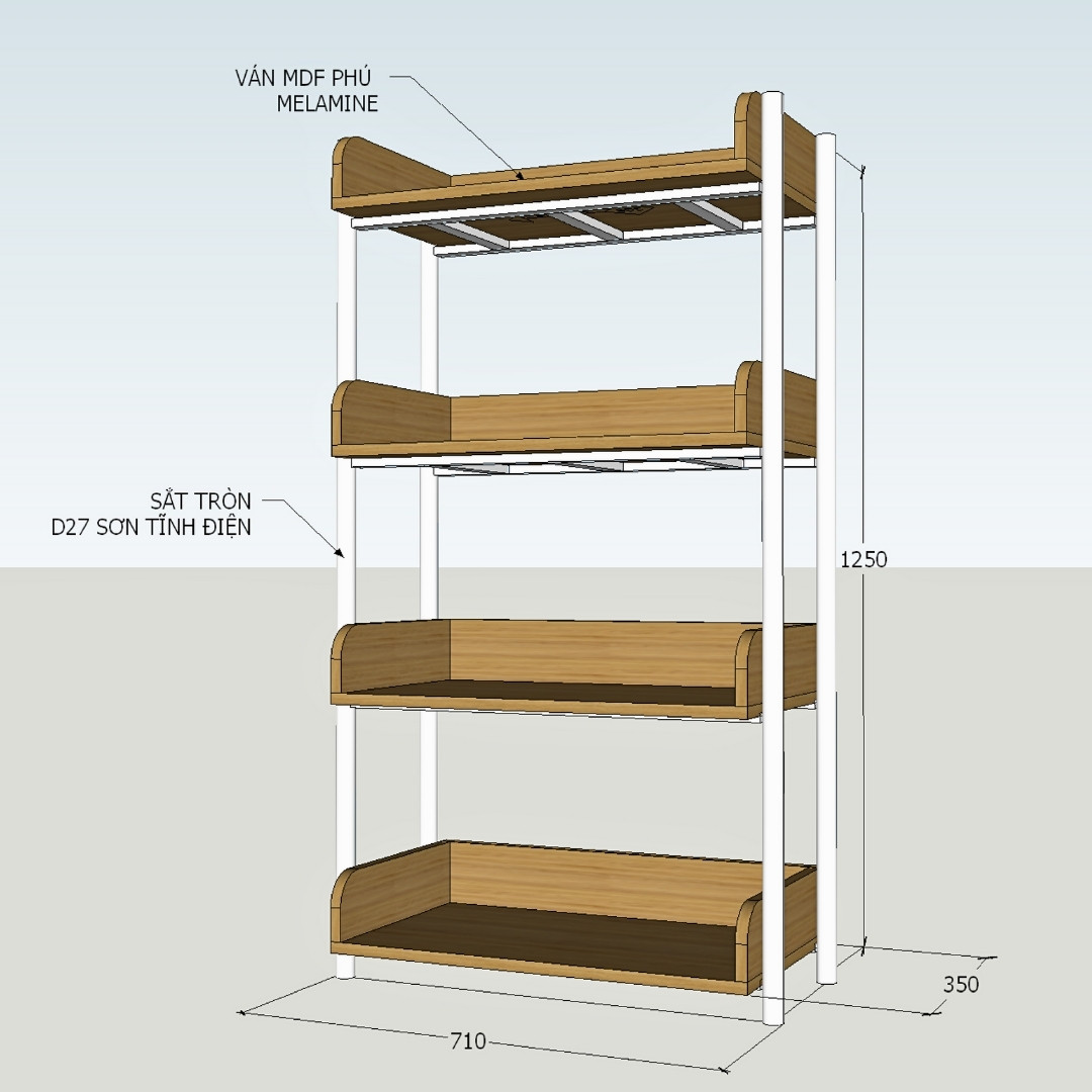 “Kệ để đồ đa năng 3, 4, 5 tầng bằng gỗ MDF phủ Melamine dày 17mm, kết hợp khung sắt sơn tĩnh điện chắc chắn, kích thước D71 x C125 x S35 cm, màu trắng, gỗ sồi vàng và vân gỗ xám – phong cách hiện đại, tối giản.”