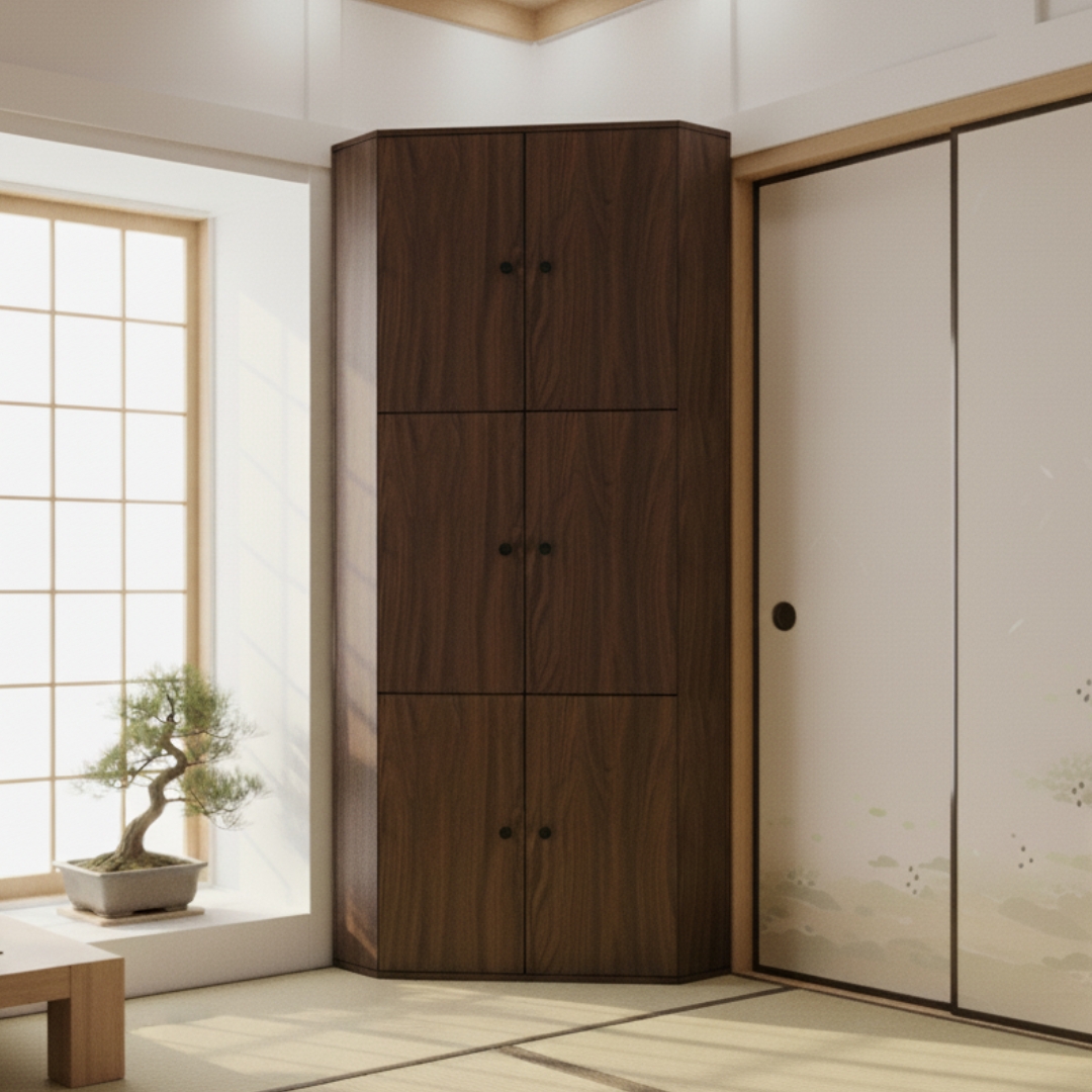 Kệ góc MDF phủ Melamine nhiều tầng, giúp tận dụng góc tường hiệu quả, thương hiệu KN Home Decor.