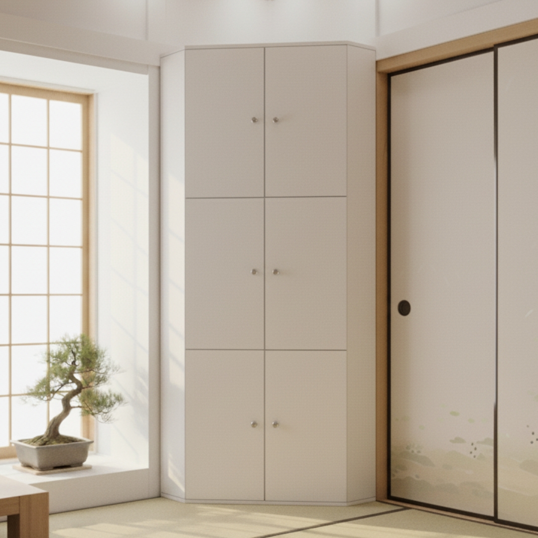 Kệ góc MDF phủ Melamine nhiều tầng, giúp tận dụng góc tường hiệu quả, thương hiệu KN Home Decor.