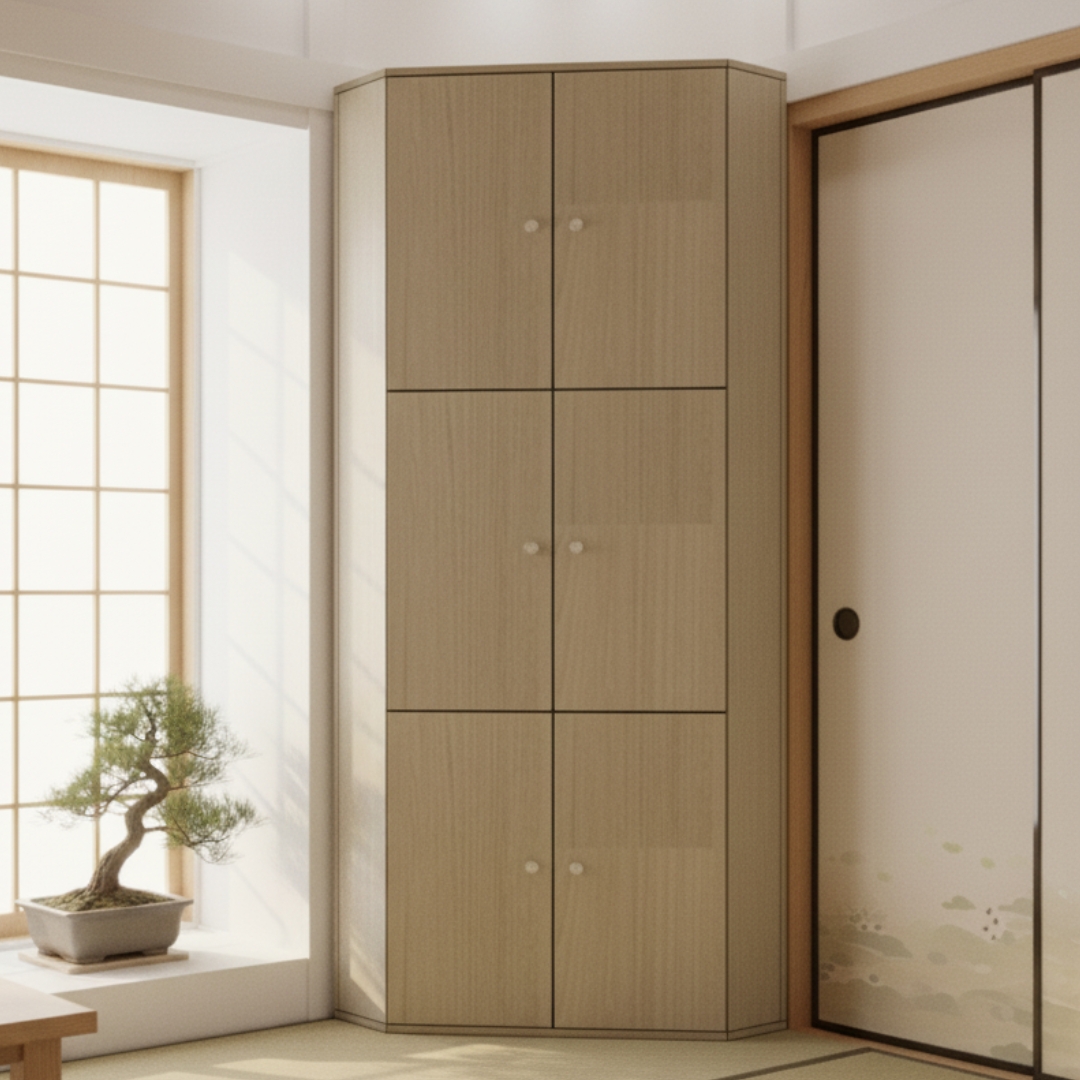 Kệ góc MDF phủ Melamine nhiều tầng, giúp tận dụng góc tường hiệu quả, thương hiệu KN Home Decor.