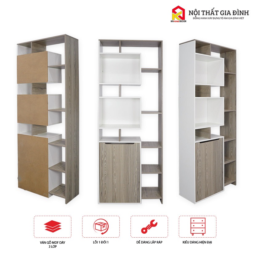 Kệ sách MDF phủ Melamine thiết kế hiện đại, nhiều tầng chứa, thương hiệu KN Home Decor.