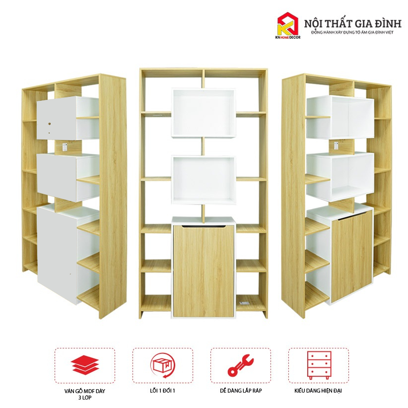 Kệ sách MDF phủ Melamine thiết kế hiện đại, nhiều tầng chứa, thương hiệu KN Home Decor.
