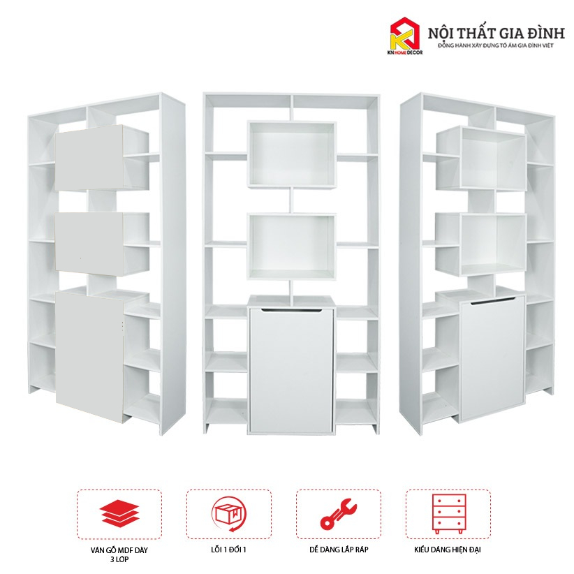 Kệ sách MDF phủ Melamine thiết kế hiện đại, nhiều tầng chứa, thương hiệu KN Home Decor.