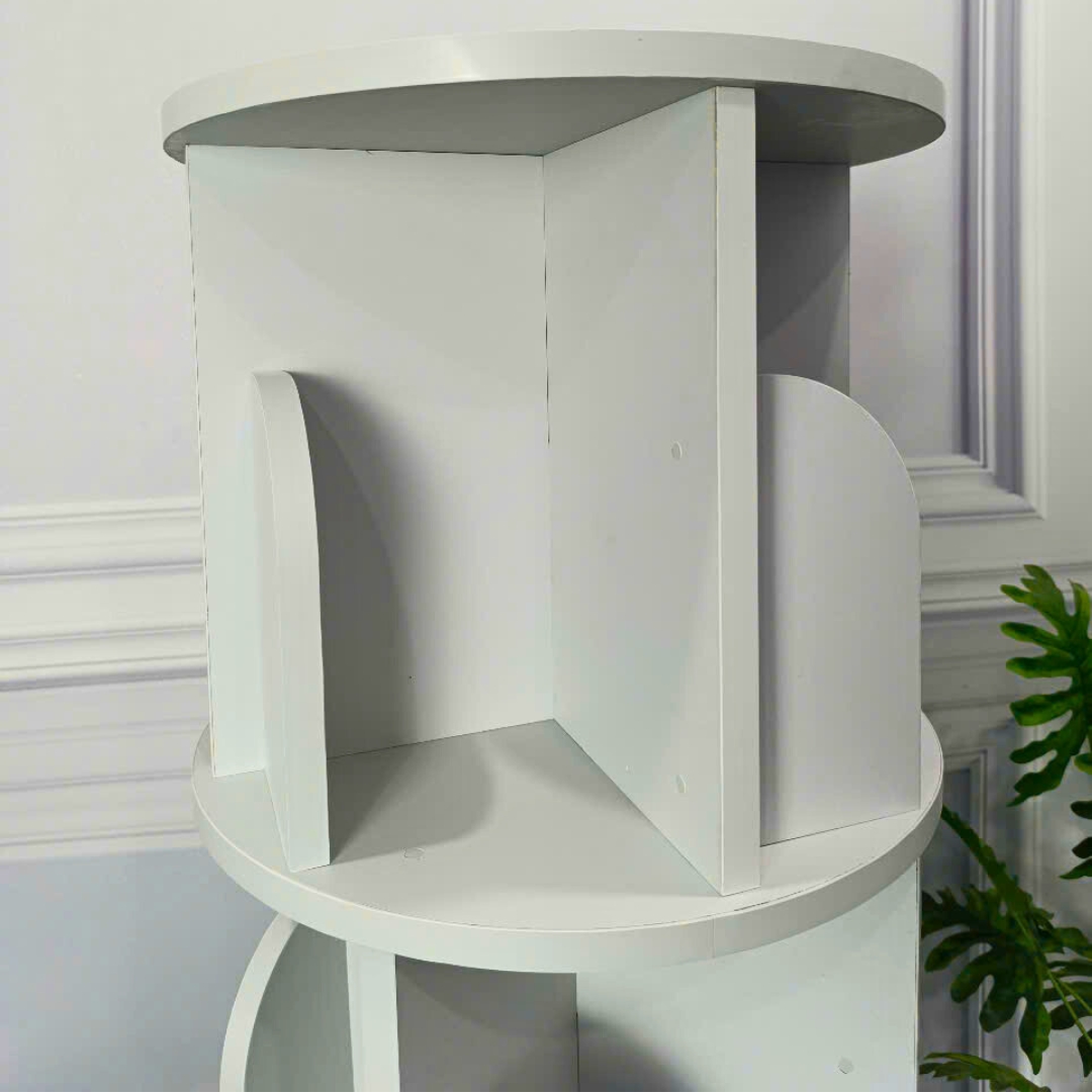 Kệ sách xoay 360 độ gỗ MDF phủ Melamine dày 15mm, đường kính 46cm, cao 100-160cm, màu trắng, gỗ sồi vàng và vân gỗ xám, thiết kế thông minh tiết kiệm không gian