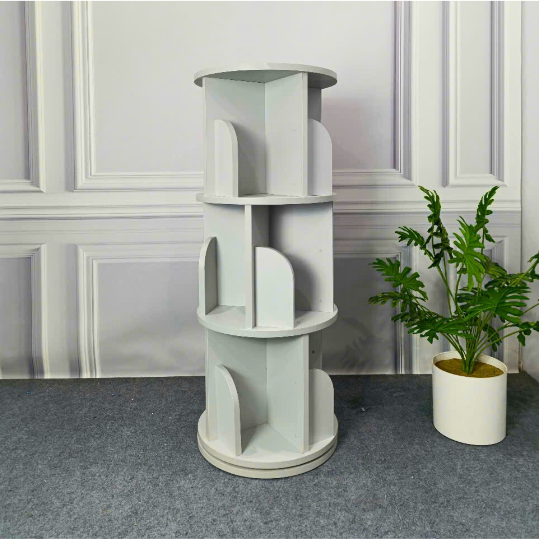 Kệ sách xoay 360 độ gỗ MDF phủ Melamine dày 15mm, đường kính 46cm, cao 100-160cm, màu trắng, gỗ sồi vàng và vân gỗ xám, thiết kế thông minh tiết kiệm không gian