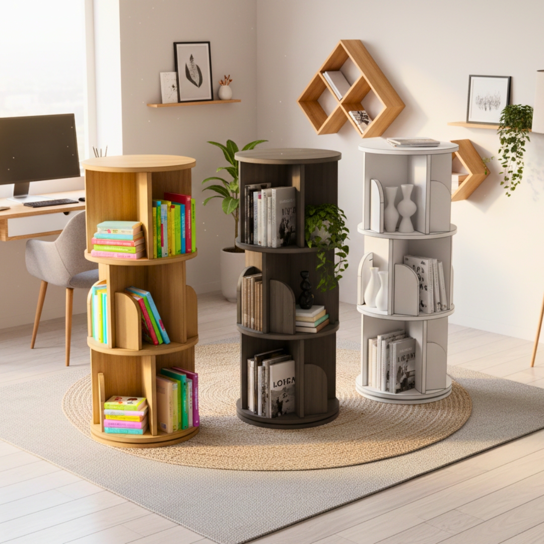 Kệ sách xoay 360 độ gỗ MDF phủ Melamine dày 15mm, đường kính 46cm, cao 100-160cm, màu trắng, gỗ sồi vàng và vân gỗ xám, thiết kế thông minh tiết kiệm không gian