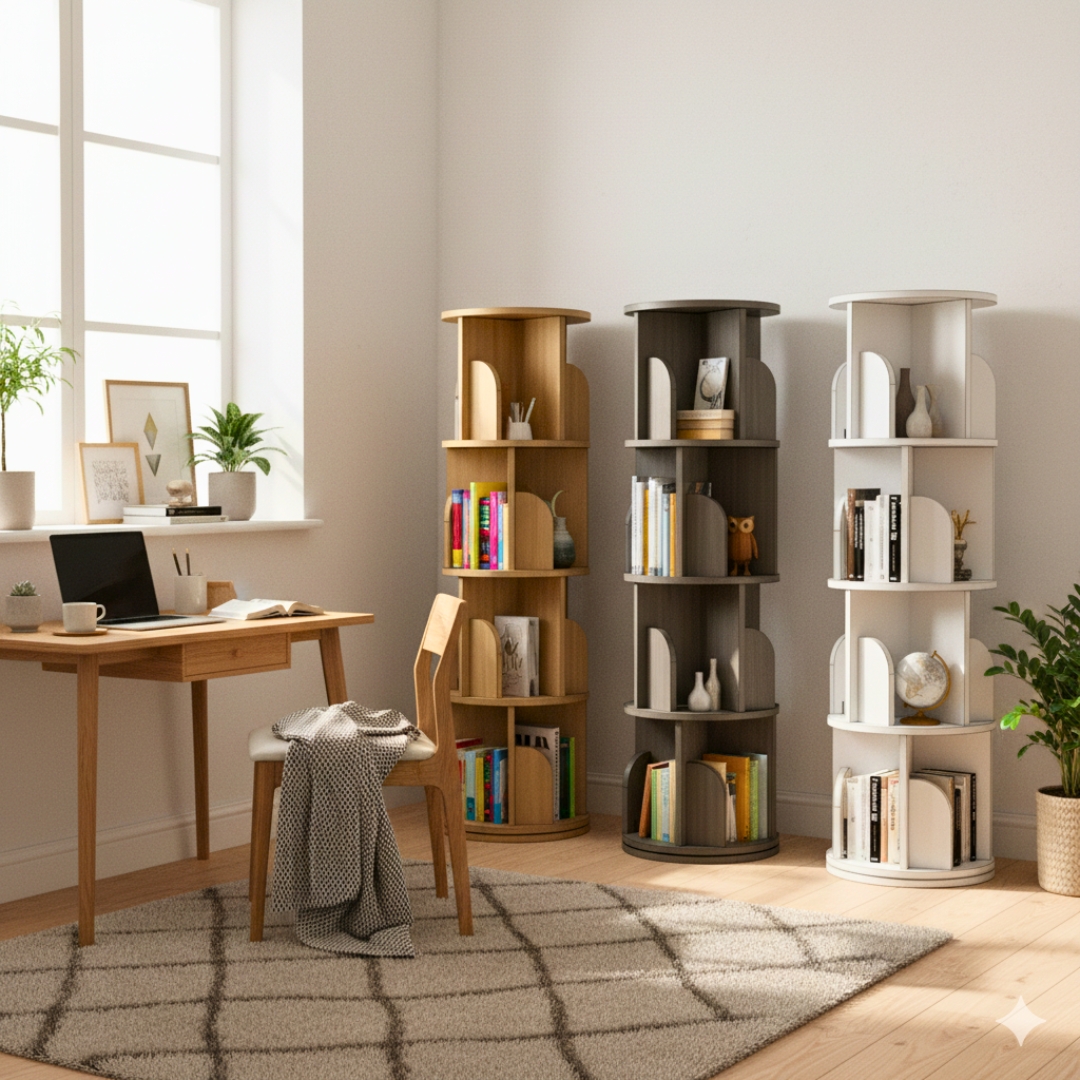 Kệ sách xoay 360 độ gỗ MDF phủ Melamine dày 15mm, đường kính 46cm, cao 100-160cm, màu trắng, gỗ sồi vàng và vân gỗ xám, thiết kế thông minh tiết kiệm không gian