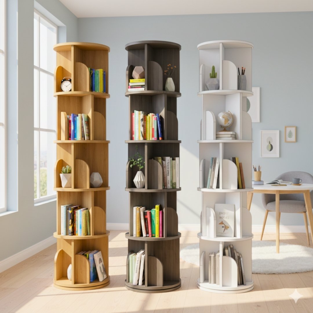Kệ sách xoay 360 độ gỗ MDF phủ Melamine dày 15mm, đường kính 46cm, cao 100-160cm, màu trắng, gỗ sồi vàng và vân gỗ xám, thiết kế thông minh tiết kiệm không gian
