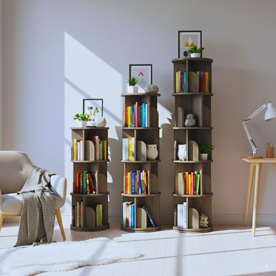 Kệ sách xoay 360 độ gỗ MDF phủ Melamine dày 15mm, đường kính 46cm, cao 100-160cm, màu trắng, gỗ sồi vàng và vân gỗ xám, thiết kế thông minh tiết kiệm không gian