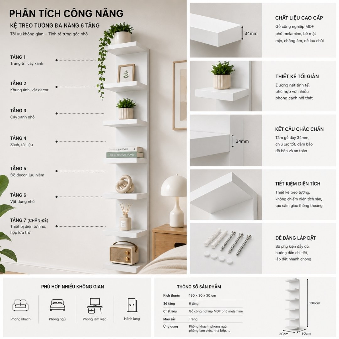 KỆ TREO TƯỜNG TRANG TRÍ ĐA NĂNG 30x30x180CM – KN HOME DECOR