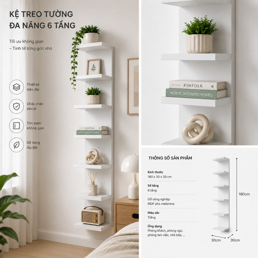 KỆ TREO TƯỜNG TRANG TRÍ ĐA NĂNG 30x30x180CM – KN HOME DECOR