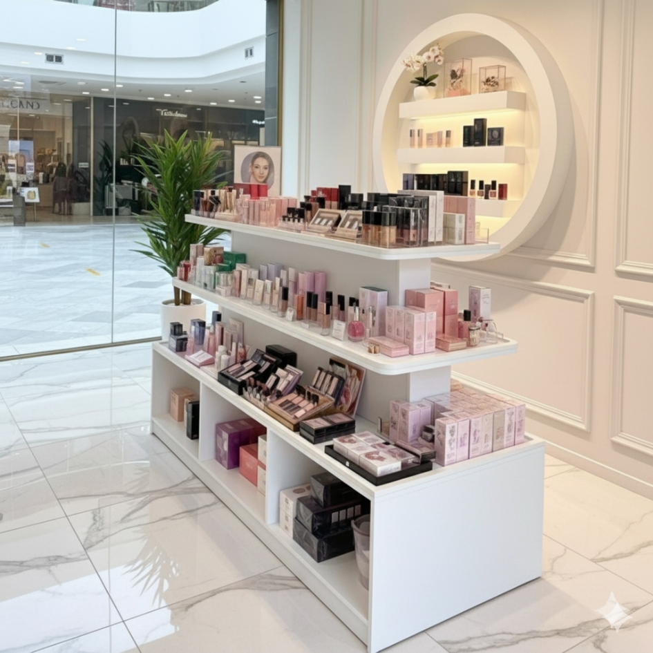 Kệ trưng bày mỹ phẩm 3 tầng gỗ MDF phủ Melamine màu trắng kích thước 120x60x100 cm, thiết kế hiện đại cho showroom và cửa hàng.